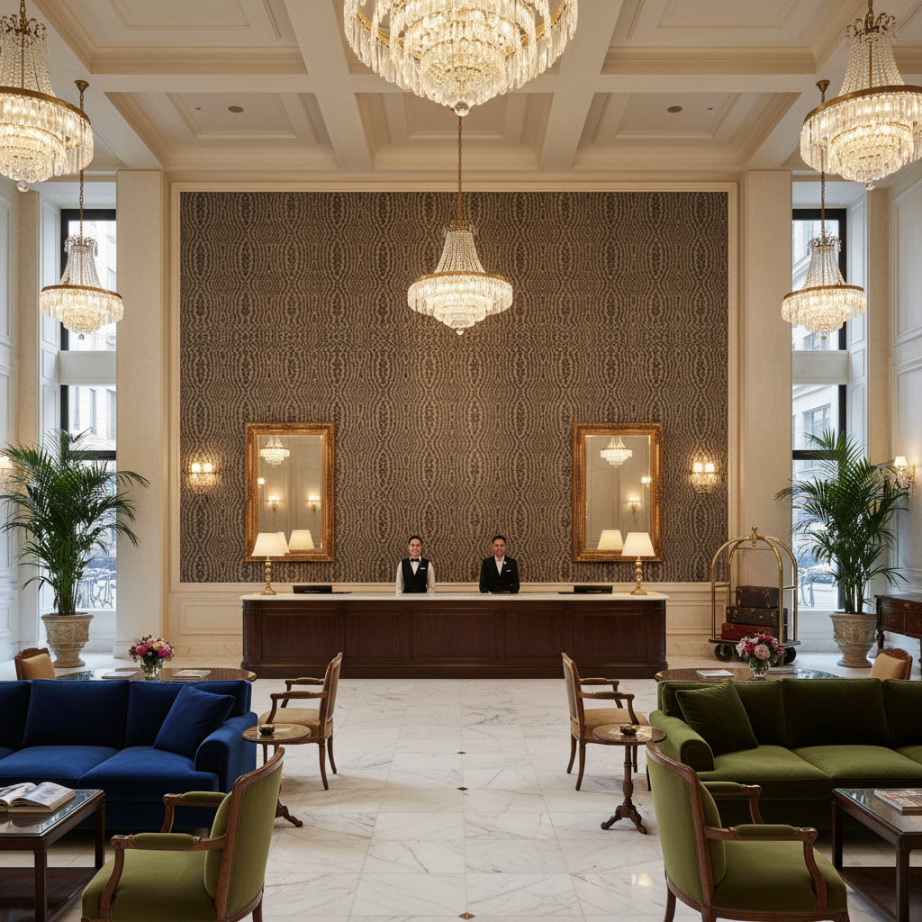 Callow Velvet Silver | Kravet - Hotel Lobby Visualization (AI-generated, may not be to scale. Verify pattern scale with product specifications.)