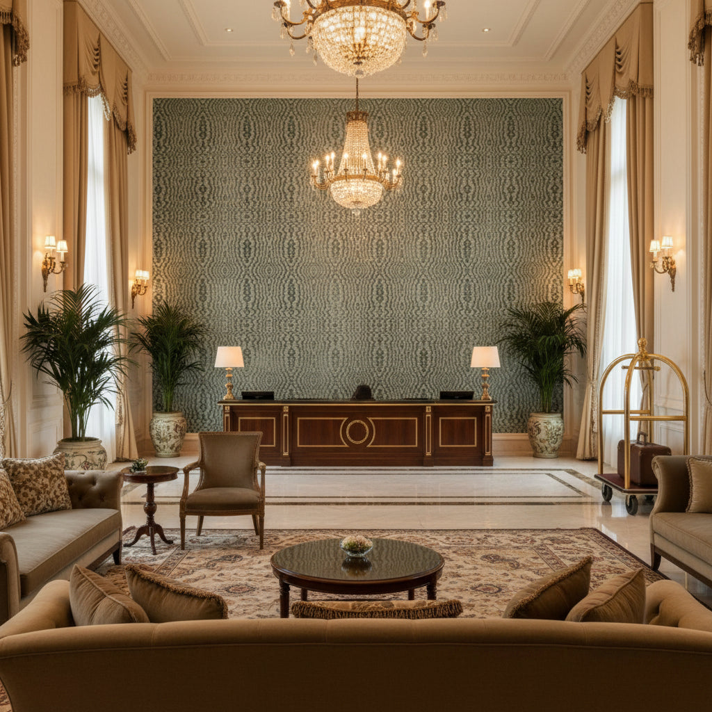 Callow Velvet Aqua | Kravet - Hotel Lobby Visualization (AI-generated, may not be to scale. Verify pattern scale with product specifications.)