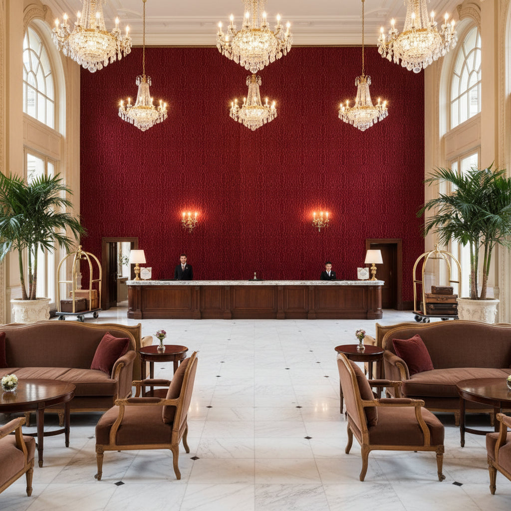 Callow Velvet Ruby | Kravet - Hotel Lobby Visualization (AI-generated, may not be to scale. Verify pattern scale with product specifications.)