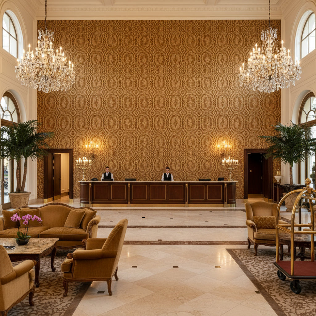Callow Velvet Golden | Kravet - Hotel Lobby Visualization (AI-generated, may not be to scale. Verify pattern scale with product specifications.)