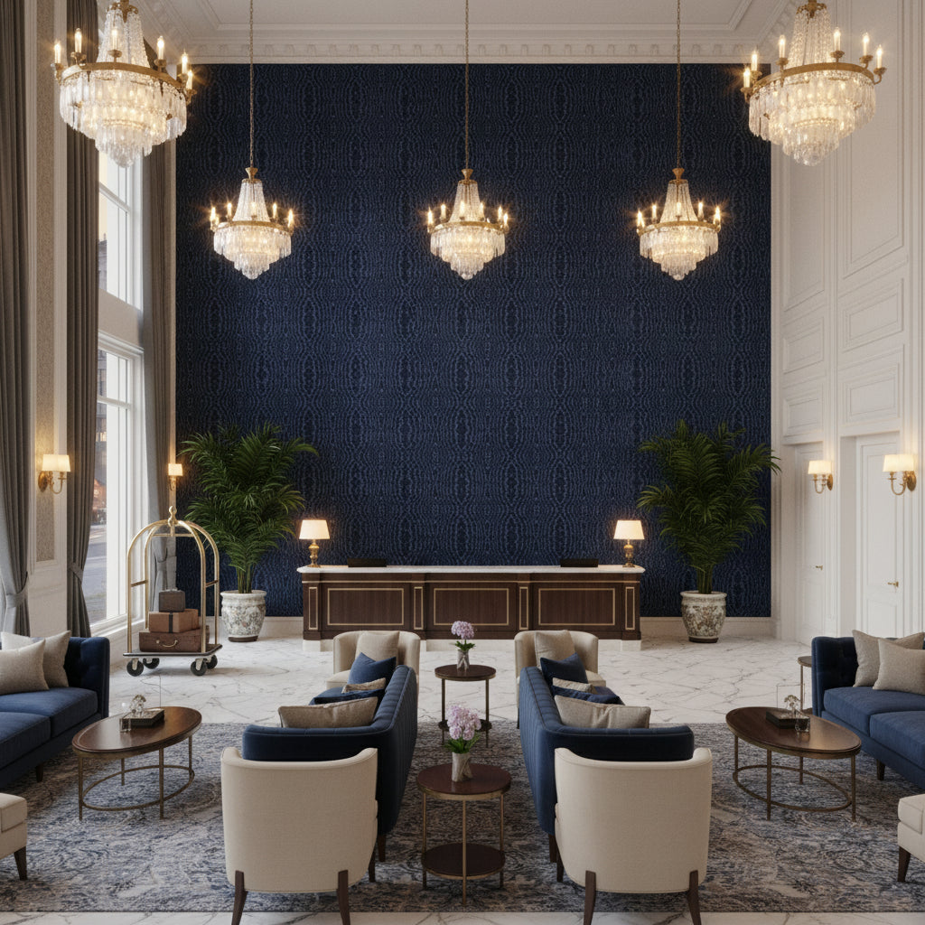 Callow Velvet Midnight | Kravet - Hotel Lobby Visualization (AI-generated, may not be to scale. Verify pattern scale with product specifications.)