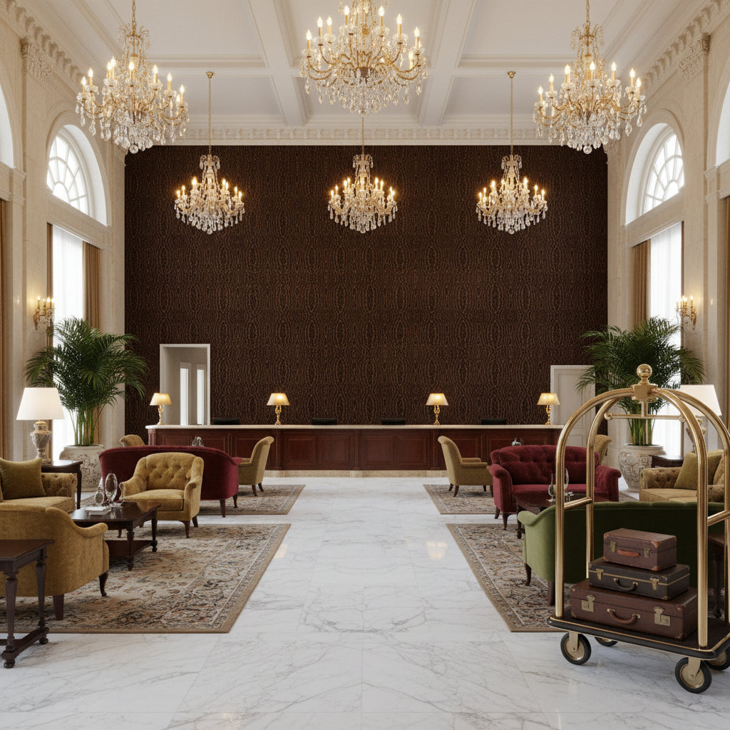 Callow Velvet Umber | Kravet - Hotel Lobby Visualization (AI-generated, may not be to scale. Verify pattern scale with product specifications.)