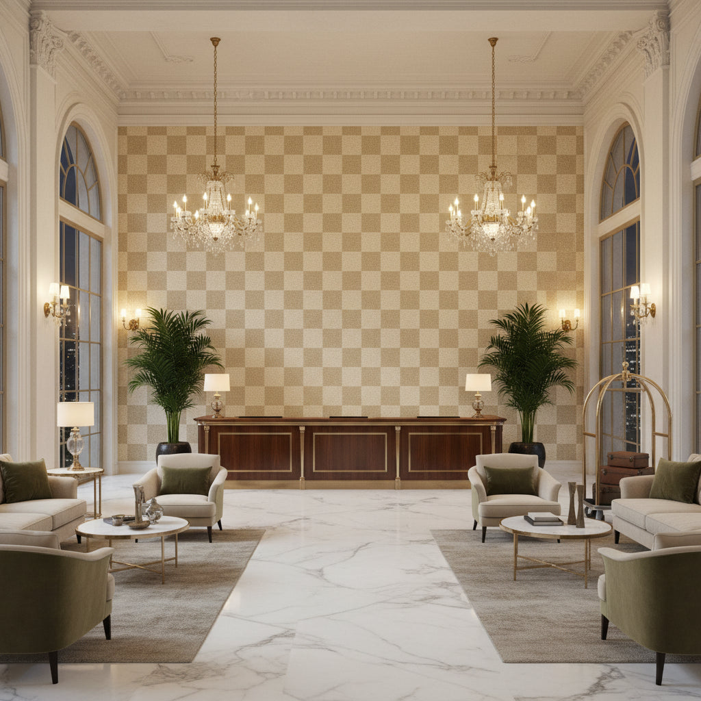 Quay Beach | Kravet - Hotel Lobby Visualization (AI-generated, may not be to scale. Verify pattern scale with product specifications.)