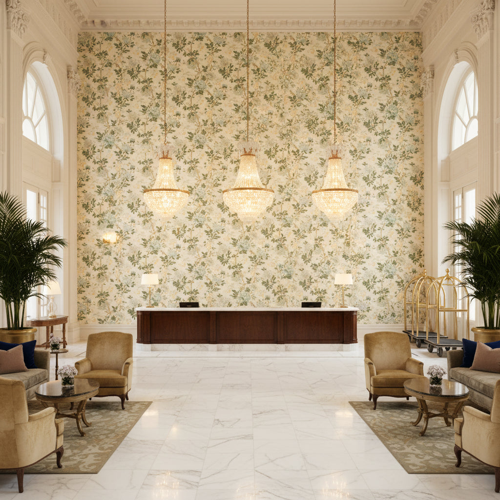 Inisfree Inlet | Kravet - Hotel Lobby Visualization (AI-generated, may not be to scale. Verify pattern scale with product specifications.)