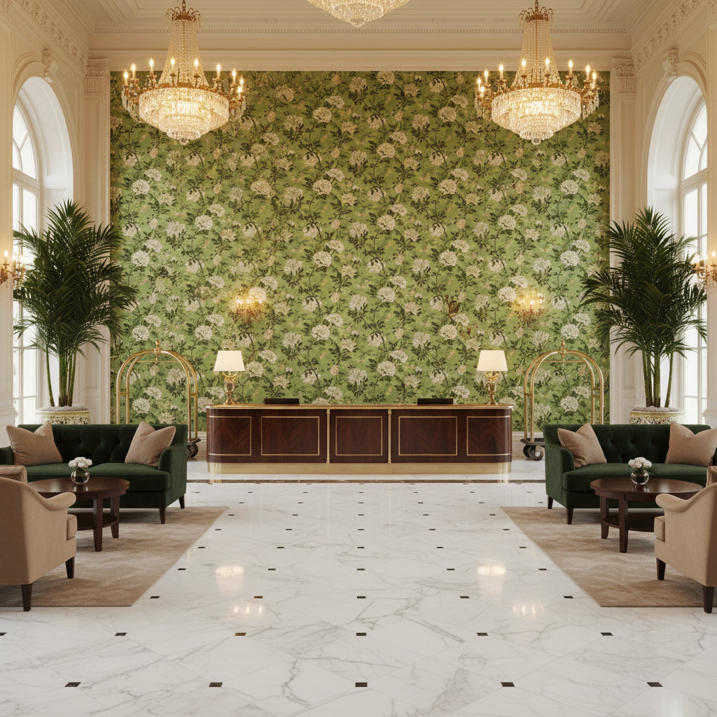 Inisfree Meadow | Kravet - Hotel Lobby Visualization (AI-generated, may not be to scale. Verify pattern scale with product specifications.)
