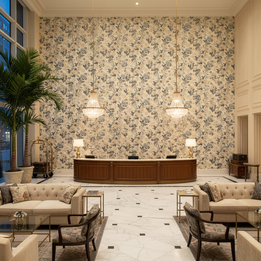 Inisfree Denim | Kravet - Hotel Lobby Visualization (AI-generated, may not be to scale. Verify pattern scale with product specifications.)
