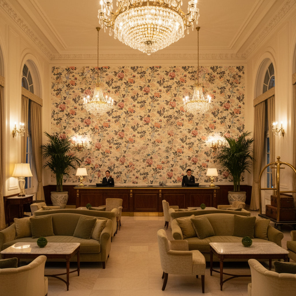 Inisfree Sunset | Kravet - Hotel Lobby Visualization (AI-generated, may not be to scale. Verify pattern scale with product specifications.)