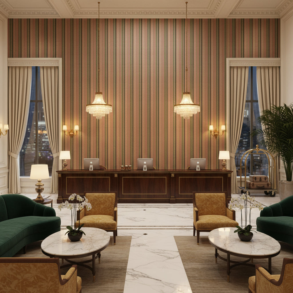 Picket Multi/Plum | Kravet - Hotel Lobby Visualization (AI-generated, may not be to scale. Verify pattern scale with product specifications.)