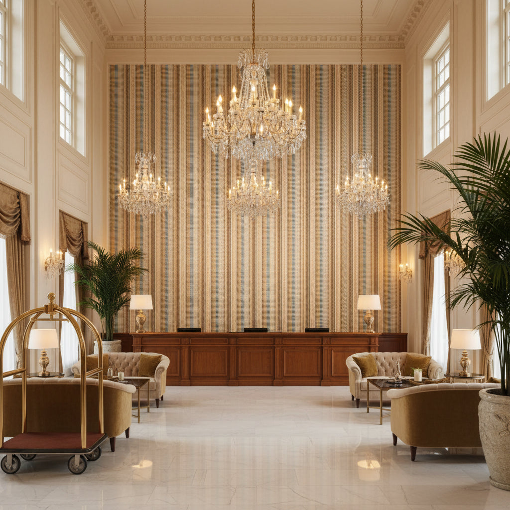 Picket Stone | Kravet - Hotel Lobby Visualization (AI-generated, may not be to scale. Verify pattern scale with product specifications.)
