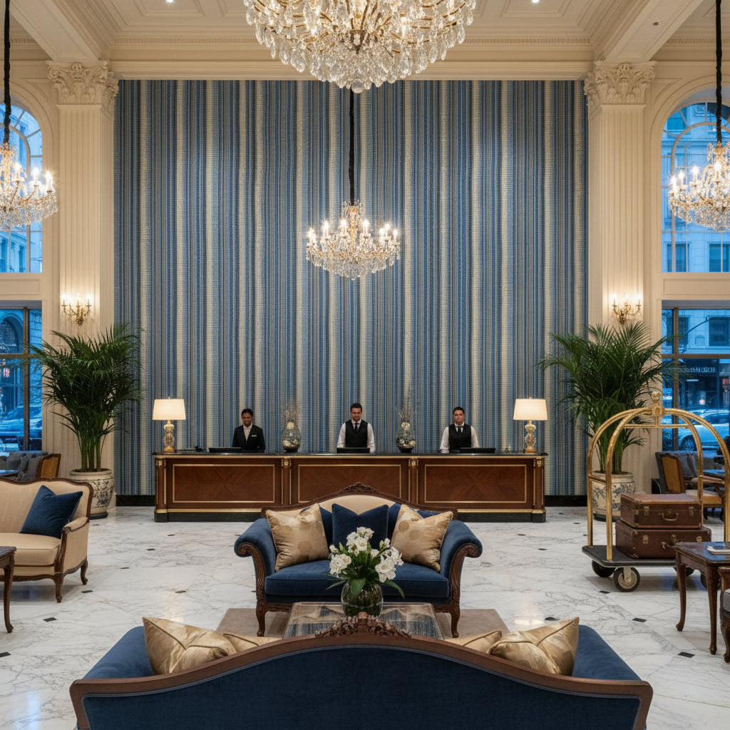 Picket Night Sky | Kravet - Hotel Lobby Visualization (AI-generated, may not be to scale. Verify pattern scale with product specifications.)