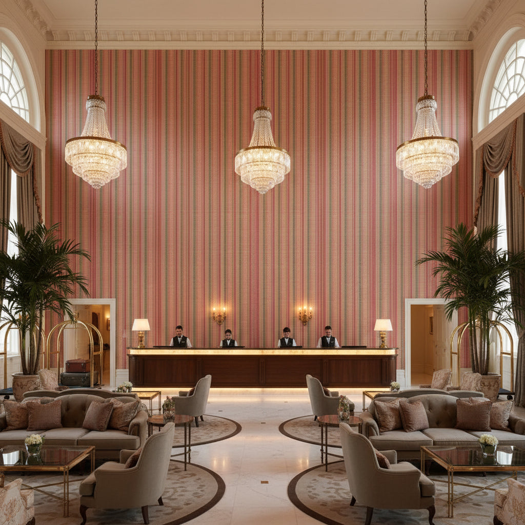 Picket Multi/Russet | Kravet - Hotel Lobby Visualization (AI-generated, may not be to scale. Verify pattern scale with product specifications.)