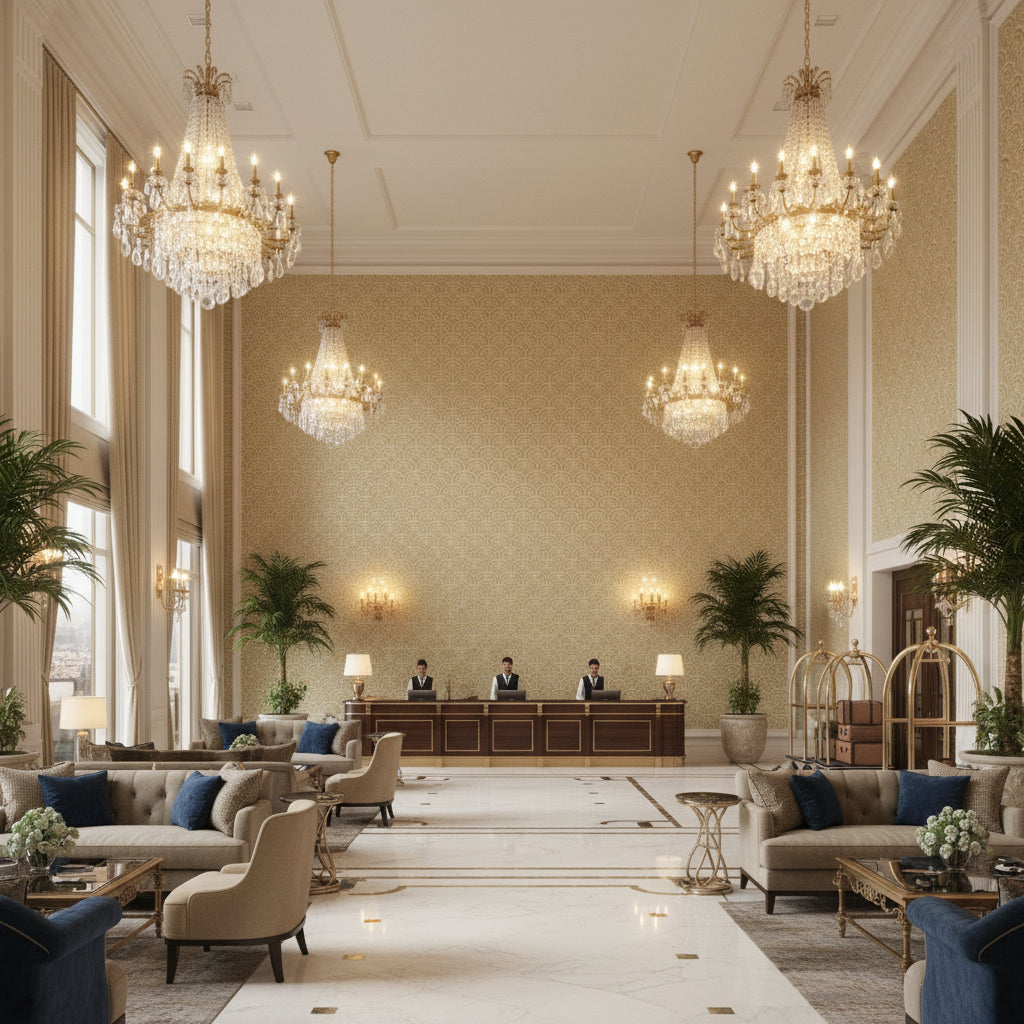 Bale Natural | Kravet - Hotel Lobby Visualization (AI-generated, may not be to scale. Verify pattern scale with product specifications.)