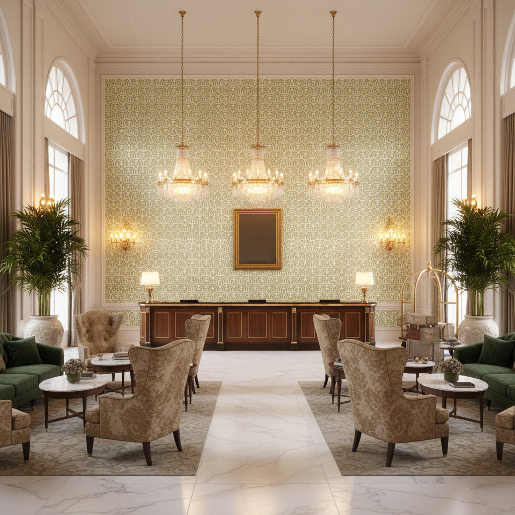 Bale Moss | Kravet - Hotel Lobby Visualization (AI-generated, may not be to scale. Verify pattern scale with product specifications.)