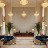 Bale Denim | Kravet - Hotel Lobby Visualization (AI-generated, may not be to scale. Verify pattern scale with product specifications.)