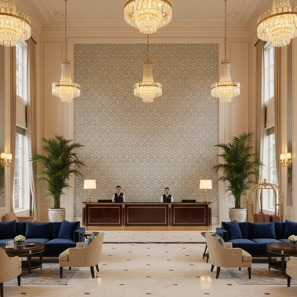 Bale Denim | Kravet - Hotel Lobby Visualization (AI-generated, may not be to scale. Verify pattern scale with product specifications.)
