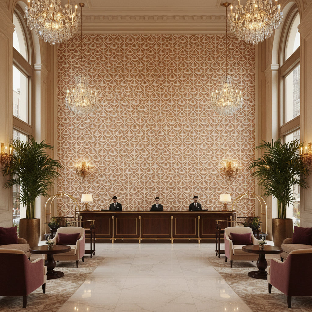 Bale Radicchio | Kravet - Hotel Lobby Visualization (AI-generated, may not be to scale. Verify pattern scale with product specifications.)