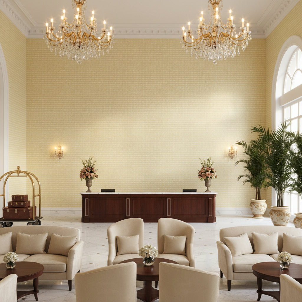 Stissing Cream | Kravet - Hotel Lobby Visualization (AI-generated, may not be to scale. Verify pattern scale with product specifications.)