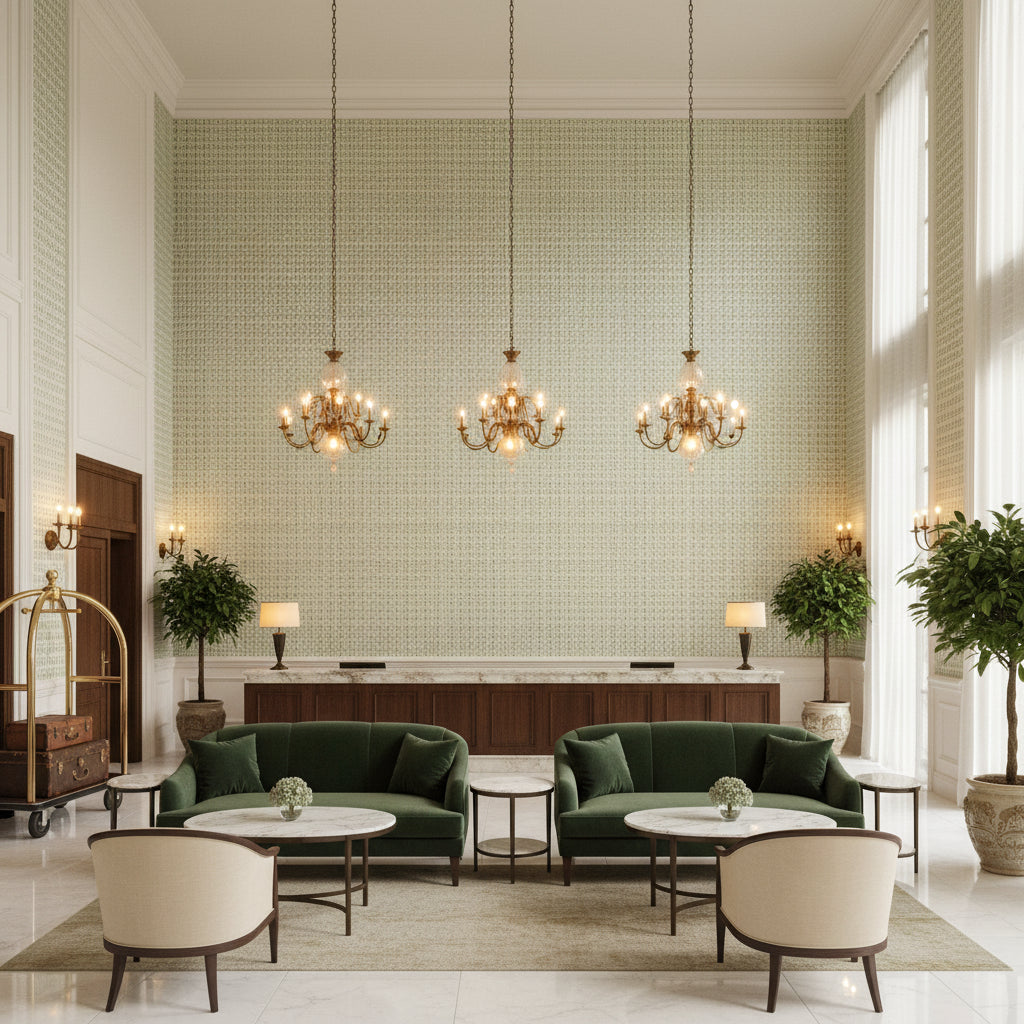 Stissing Inlet | Kravet - Hotel Lobby Visualization (AI-generated, may not be to scale. Verify pattern scale with product specifications.)