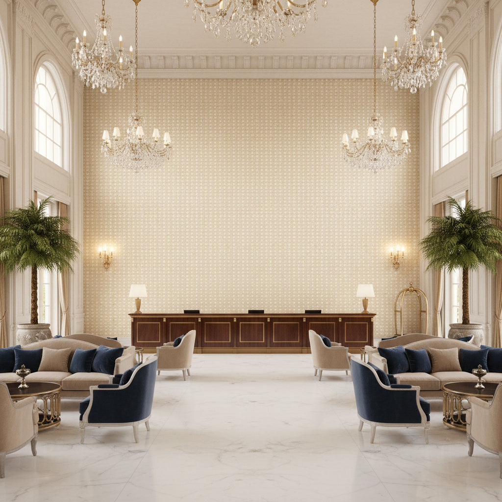 Stissing Natural | Kravet - Hotel Lobby Visualization (AI-generated, may not be to scale. Verify pattern scale with product specifications.)