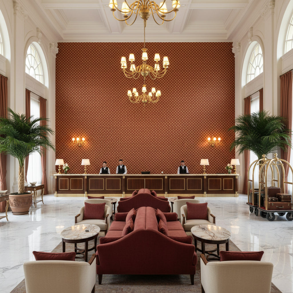 Allonby Weave Ruby | Kravet - Hotel Lobby Visualization (AI-generated, may not be to scale. Verify pattern scale with product specifications.)