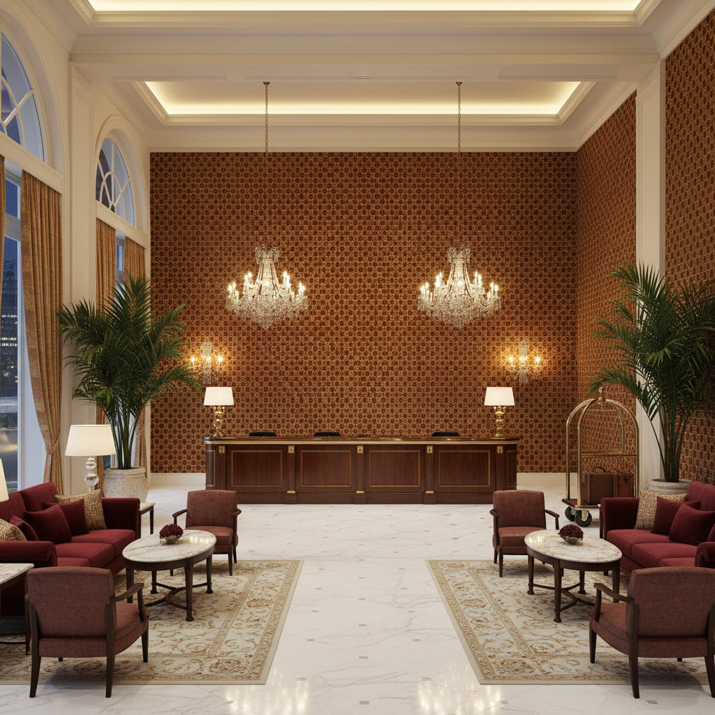 Allonby Weave Cinnabar | Kravet - Hotel Lobby Visualization (AI-generated, may not be to scale. Verify pattern scale with product specifications.)