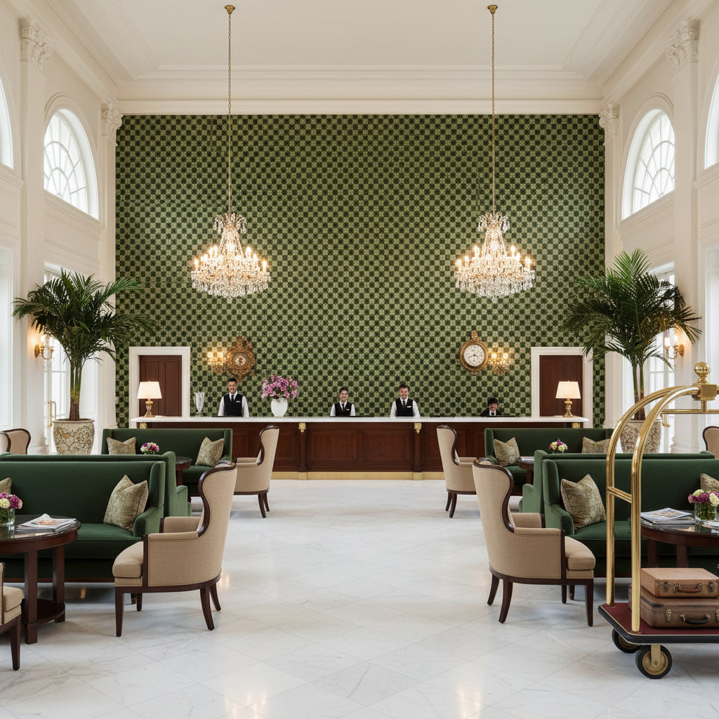 Allonby Weave Spruce | Kravet - Hotel Lobby Visualization (AI-generated, may not be to scale. Verify pattern scale with product specifications.)