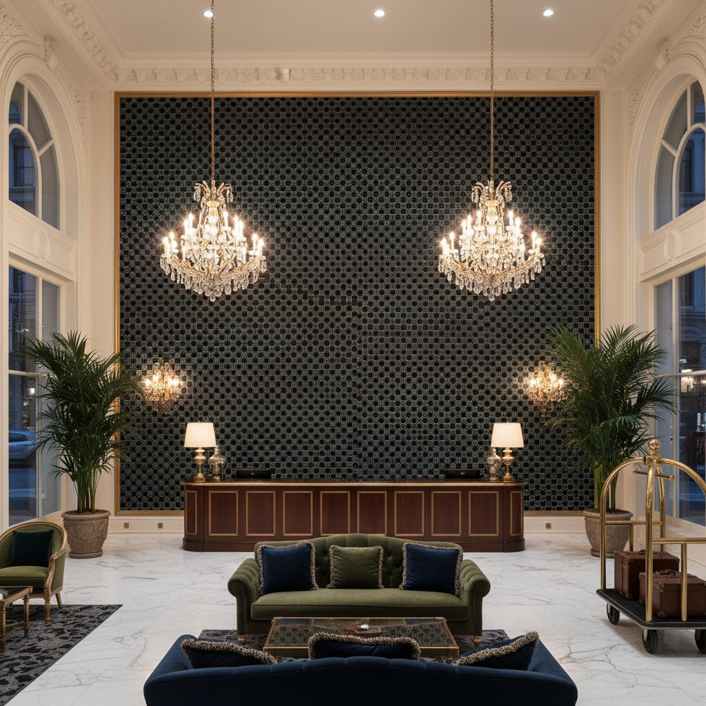 Allonby Weave Jet | Kravet - Hotel Lobby Visualization (AI-generated, may not be to scale. Verify pattern scale with product specifications.)