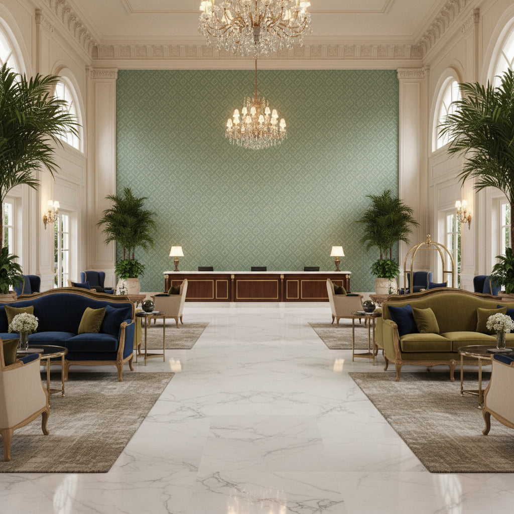 Maldon Weave Mist | Kravet - Hotel Lobby Visualization (AI-generated, may not be to scale. Verify pattern scale with product specifications.)