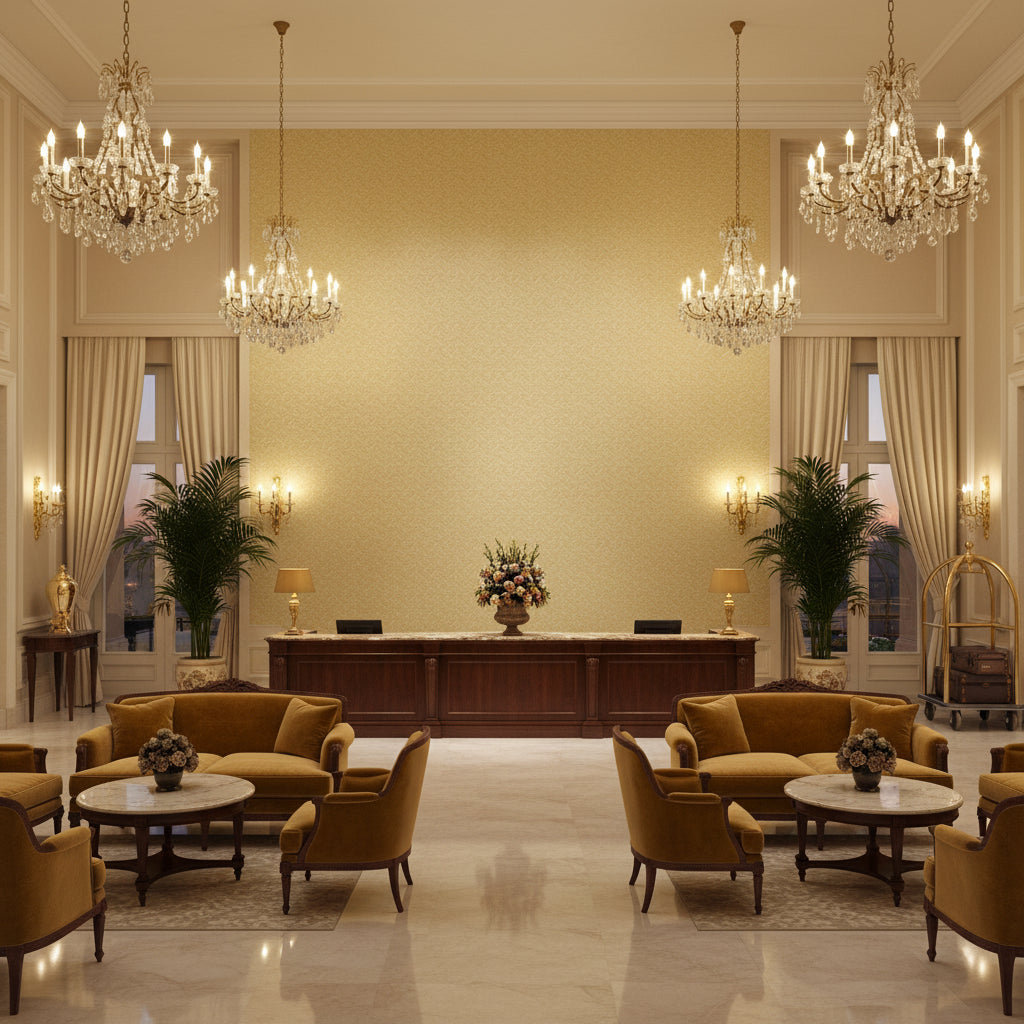 Maldon Weave Sand | Kravet - Hotel Lobby Visualization (AI-generated, may not be to scale. Verify pattern scale with product specifications.)