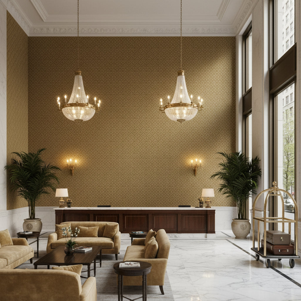 Maldon Weave Java | Kravet - Hotel Lobby Visualization (AI-generated, may not be to scale. Verify pattern scale with product specifications.)