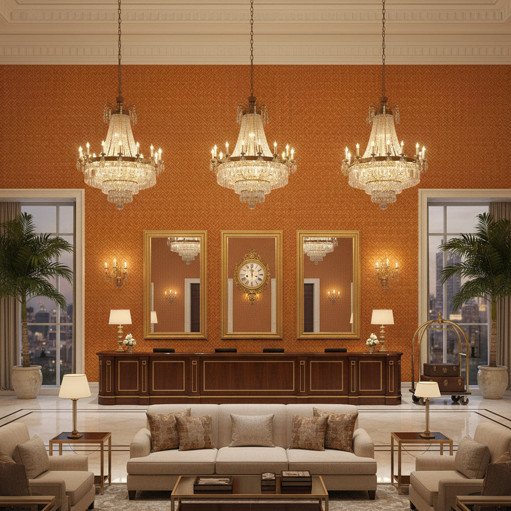 Maldon Weave burnt sienna | Kravet - Hotel Lobby Visualization (AI-generated, may not be to scale. Verify pattern scale with product specifications.)