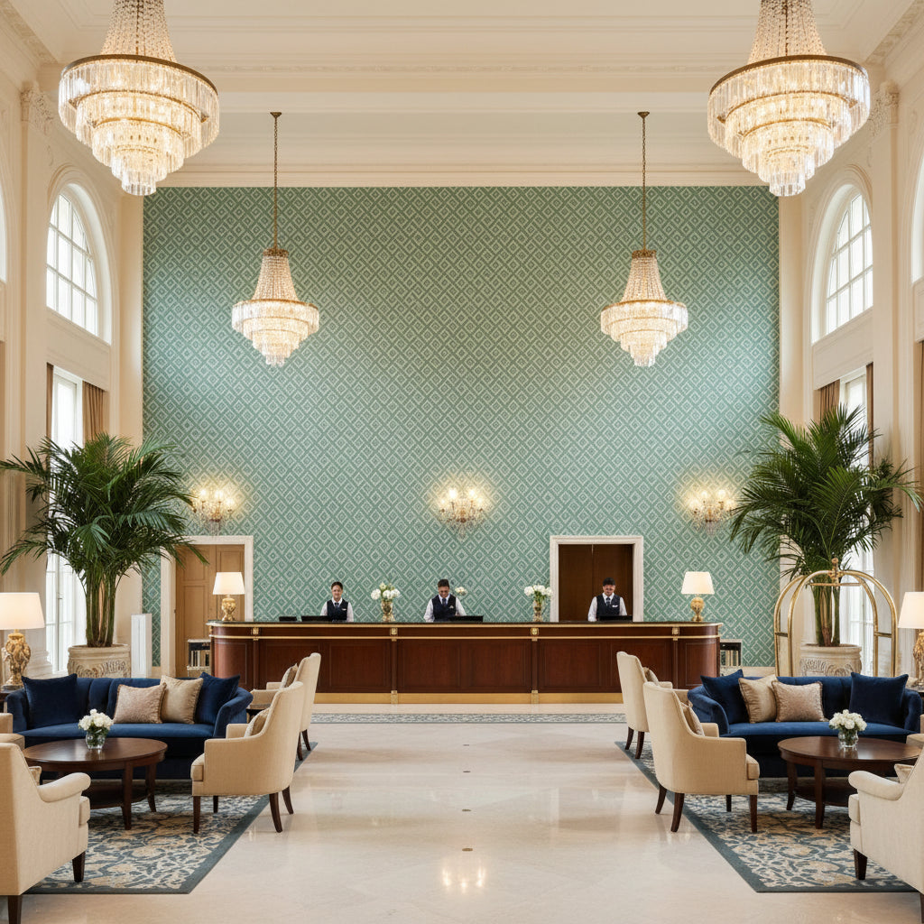 Maldon Weave Lake | Kravet - Hotel Lobby Visualization (AI-generated, may not be to scale. Verify pattern scale with product specifications.)