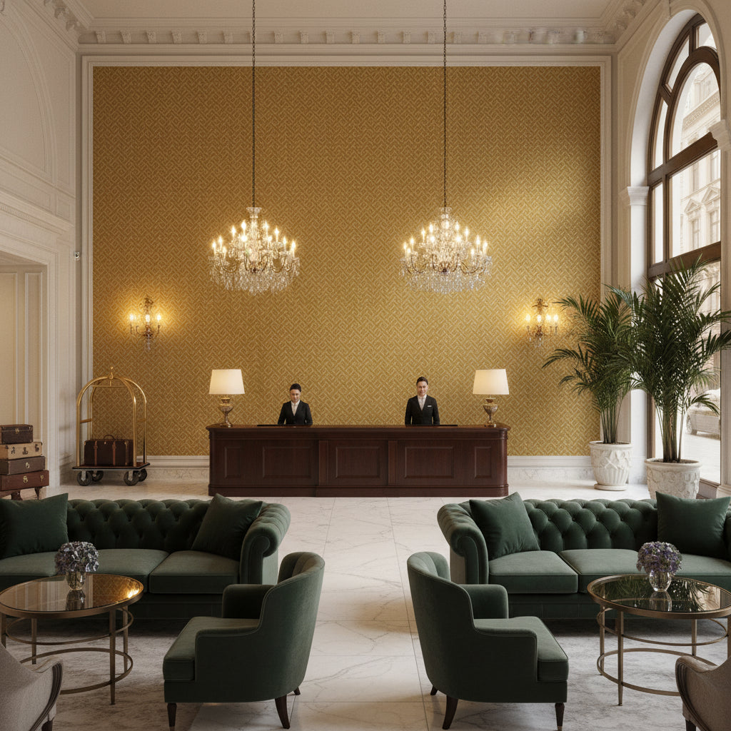 Maldon Weave Gold | Kravet - Hotel Lobby Visualization (AI-generated, may not be to scale. Verify pattern scale with product specifications.)