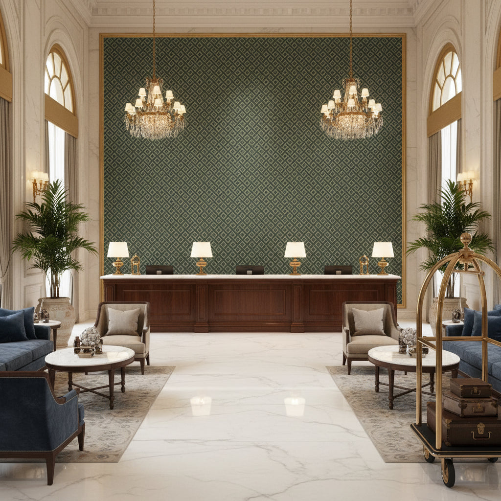 Maldon Weave Marine | Kravet - Hotel Lobby Visualization (AI-generated, may not be to scale. Verify pattern scale with product specifications.)