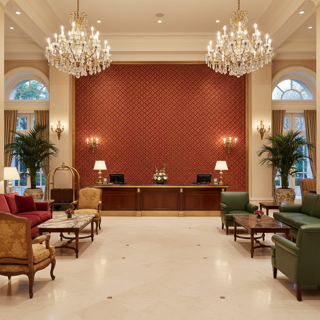 Maldon Weave Brick | Kravet - Hotel Lobby Visualization (AI-generated, may not be to scale. Verify pattern scale with product specifications.)