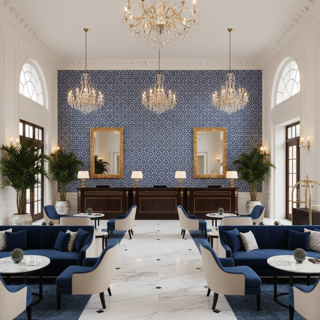 Seaford Weave Blue | Kravet - Hotel Lobby Visualization (AI-generated, may not be to scale. Verify pattern scale with product specifications.)