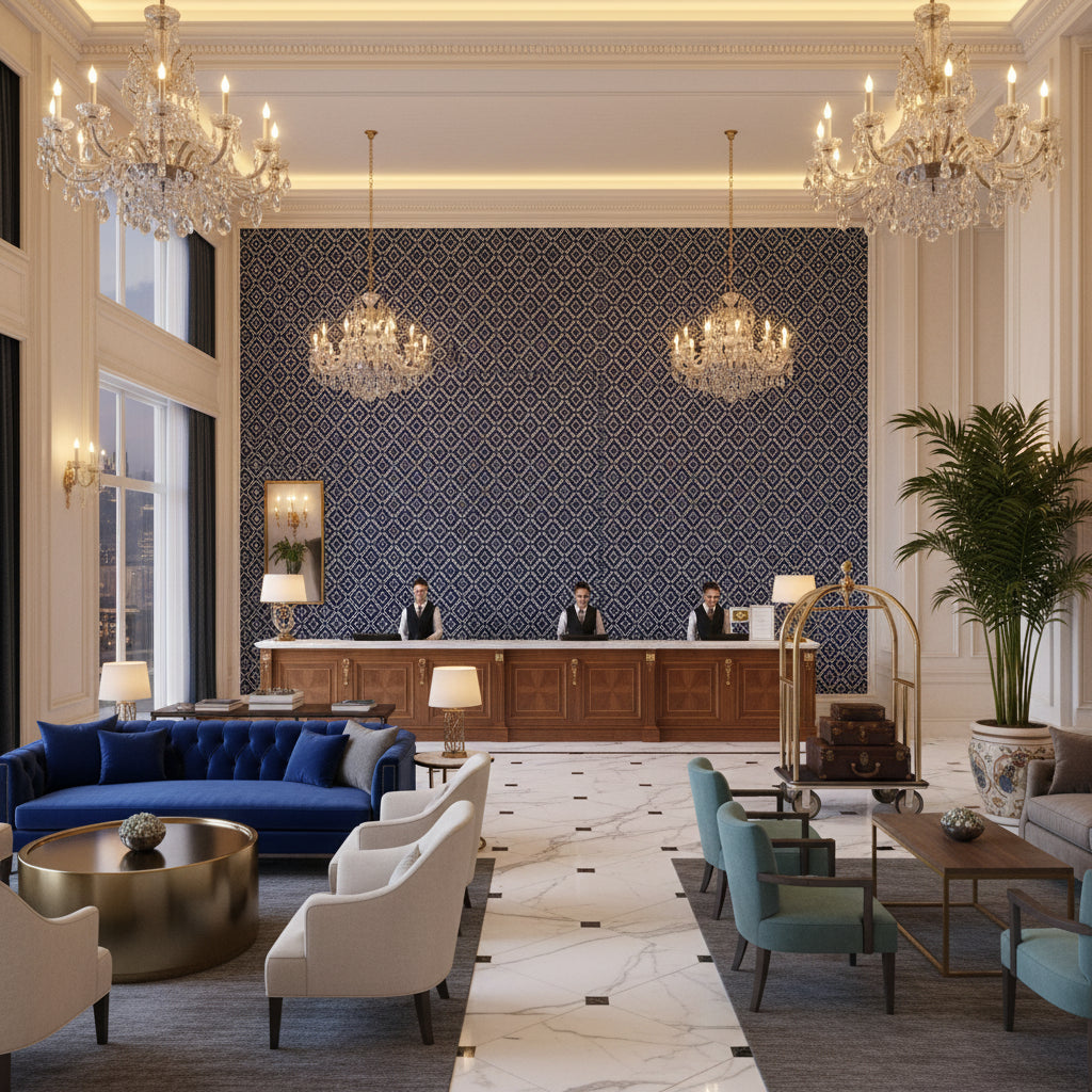 Seaford Weave Navy | Kravet - Hotel Lobby Visualization (AI-generated, may not be to scale. Verify pattern scale with product specifications.)