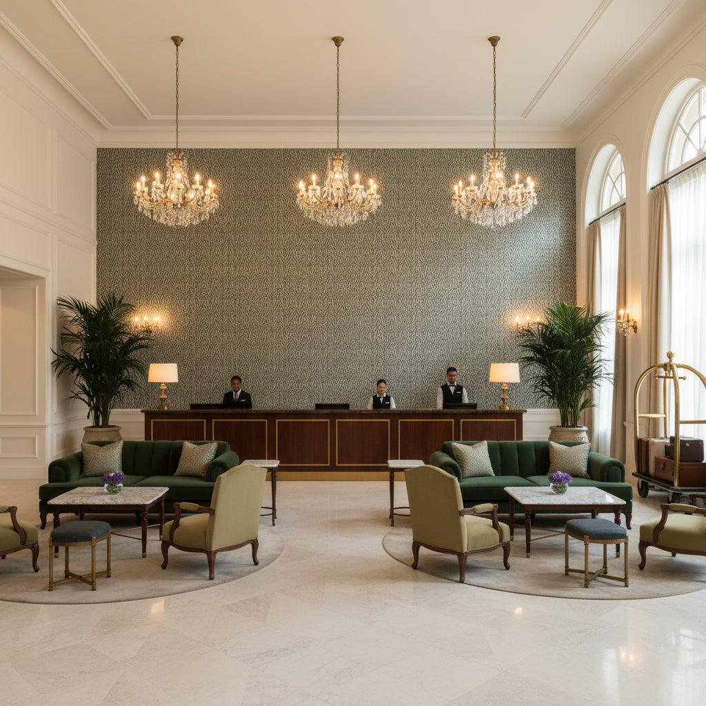 Blyth Weave Mist | Kravet - Hotel Lobby Visualization (AI-generated, may not be to scale. Verify pattern scale with product specifications.)