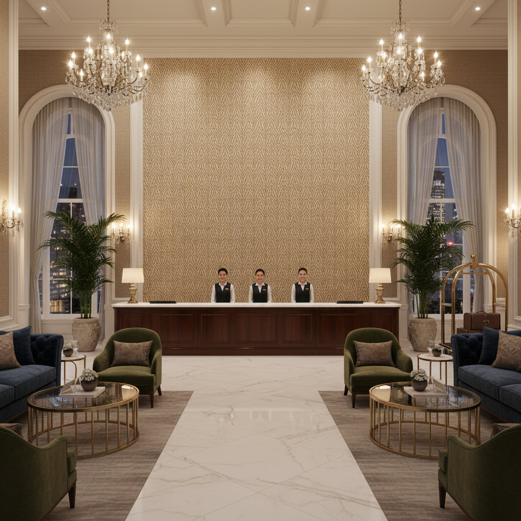 Blyth Weave Straw | Kravet - Hotel Lobby Visualization (AI-generated, may not be to scale. Verify pattern scale with product specifications.)