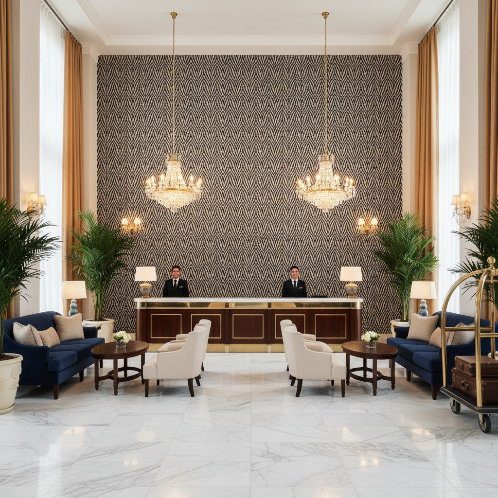 Blyth Weave Navy | Kravet - Hotel Lobby Visualization (AI-generated, may not be to scale. Verify pattern scale with product specifications.)