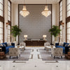 Blyth Weave Slate | Kravet - Hotel Lobby Visualization (AI-generated, may not be to scale. Verify pattern scale with product specifications.)