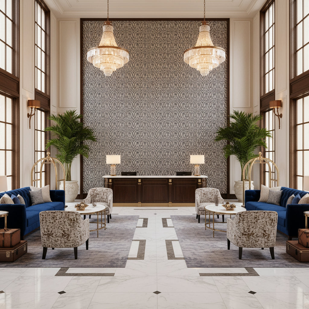 Blyth Weave Slate | Kravet - Hotel Lobby Visualization (AI-generated, may not be to scale. Verify pattern scale with product specifications.)