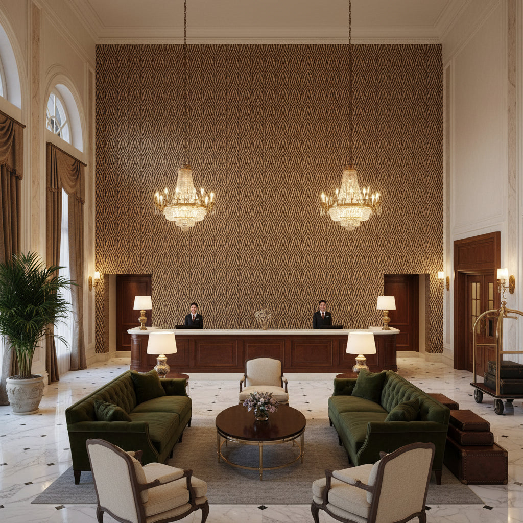 Blyth Weave Umber | Kravet - Hotel Lobby Visualization (AI-generated, may not be to scale. Verify pattern scale with product specifications.)