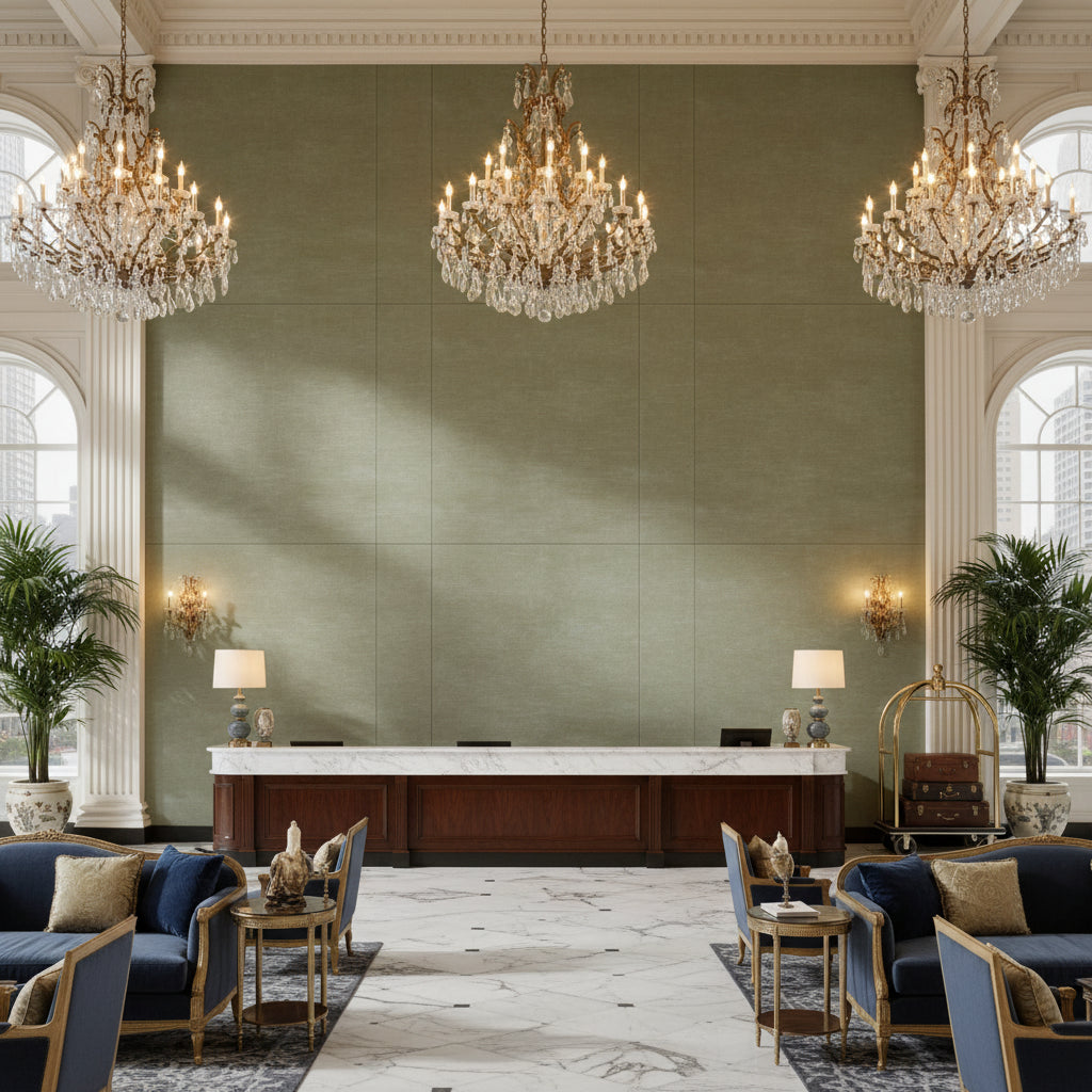 Arezzo Celadon | Kravet - Hotel Lobby Visualization (AI-generated, may not be to scale. Verify pattern scale with product specifications.)