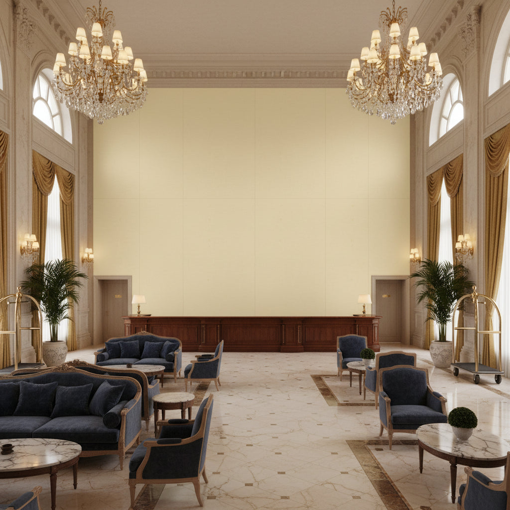 Arezzo Wheat | Kravet - Hotel Lobby Visualization (AI-generated, may not be to scale. Verify pattern scale with product specifications.)
