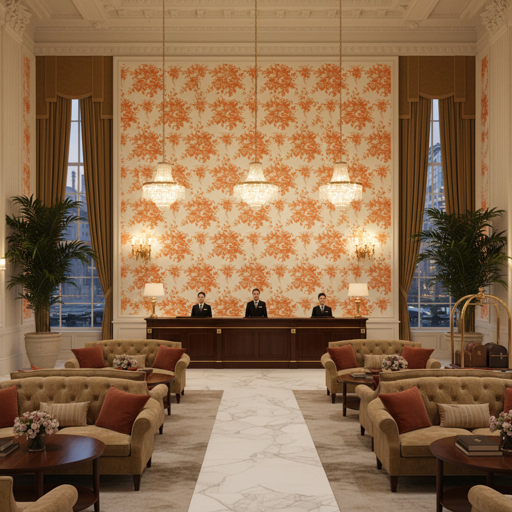 Aurora Terracota | Kravet - Hotel Lobby Visualization (AI-generated, may not be to scale. Verify pattern scale with product specifications.)