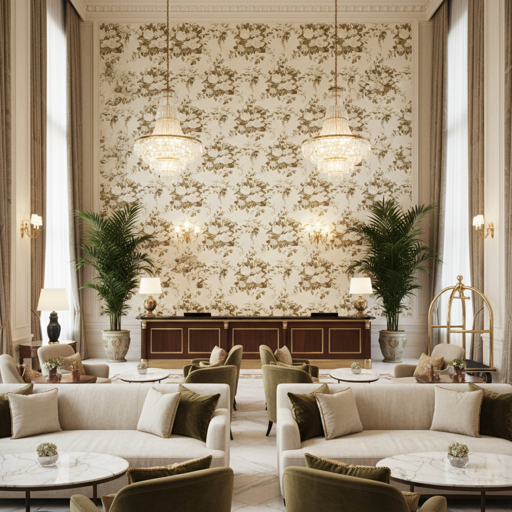 Aurora Green | Kravet - Hotel Lobby Visualization (AI-generated, may not be to scale. Verify pattern scale with product specifications.)