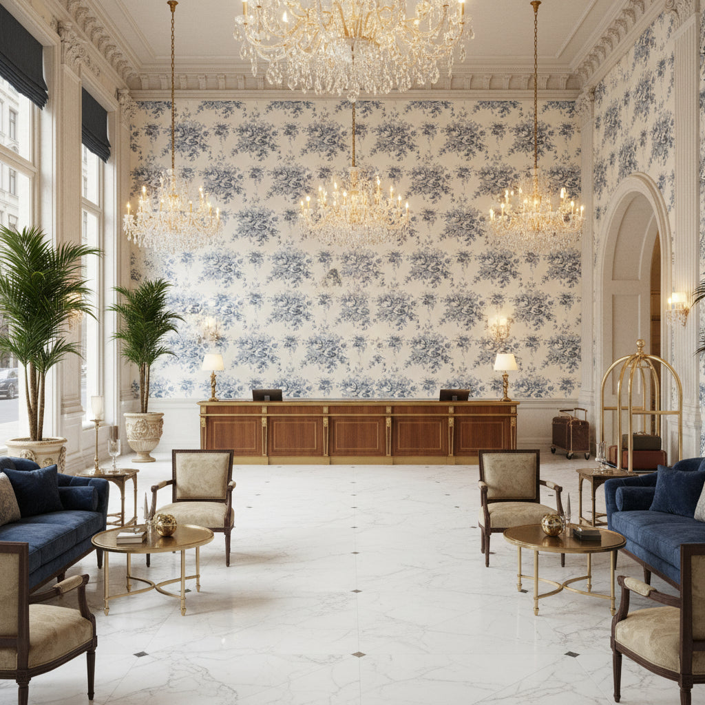 Aurora Blue | Kravet - Hotel Lobby Visualization (AI-generated, may not be to scale. Verify pattern scale with product specifications.)