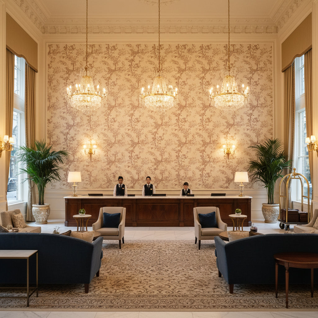Beijing Blossom ivory | Kravet - Hotel Lobby Visualization (AI-generated, may not be to scale. Verify pattern scale with product specifications.)