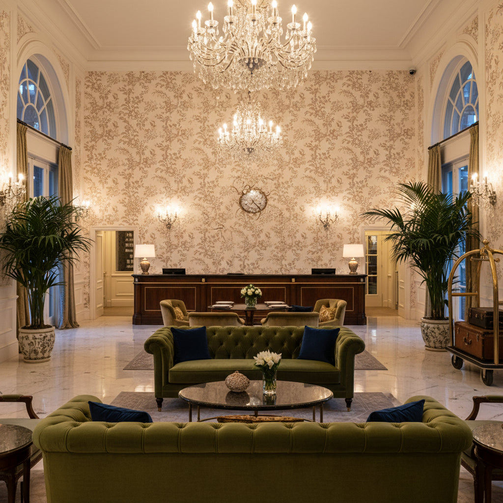 Beijing Blossom Taupe | Kravet - Hotel Lobby Visualization (AI-generated, may not be to scale. Verify pattern scale with product specifications.)